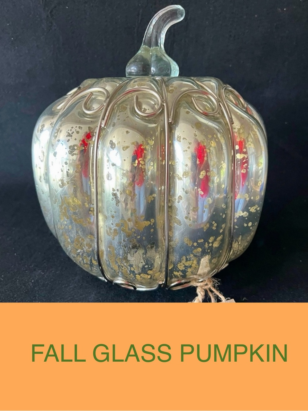 Glass pumpkin handcrafted in India, metallic silver colored, 8” diameter, fall
